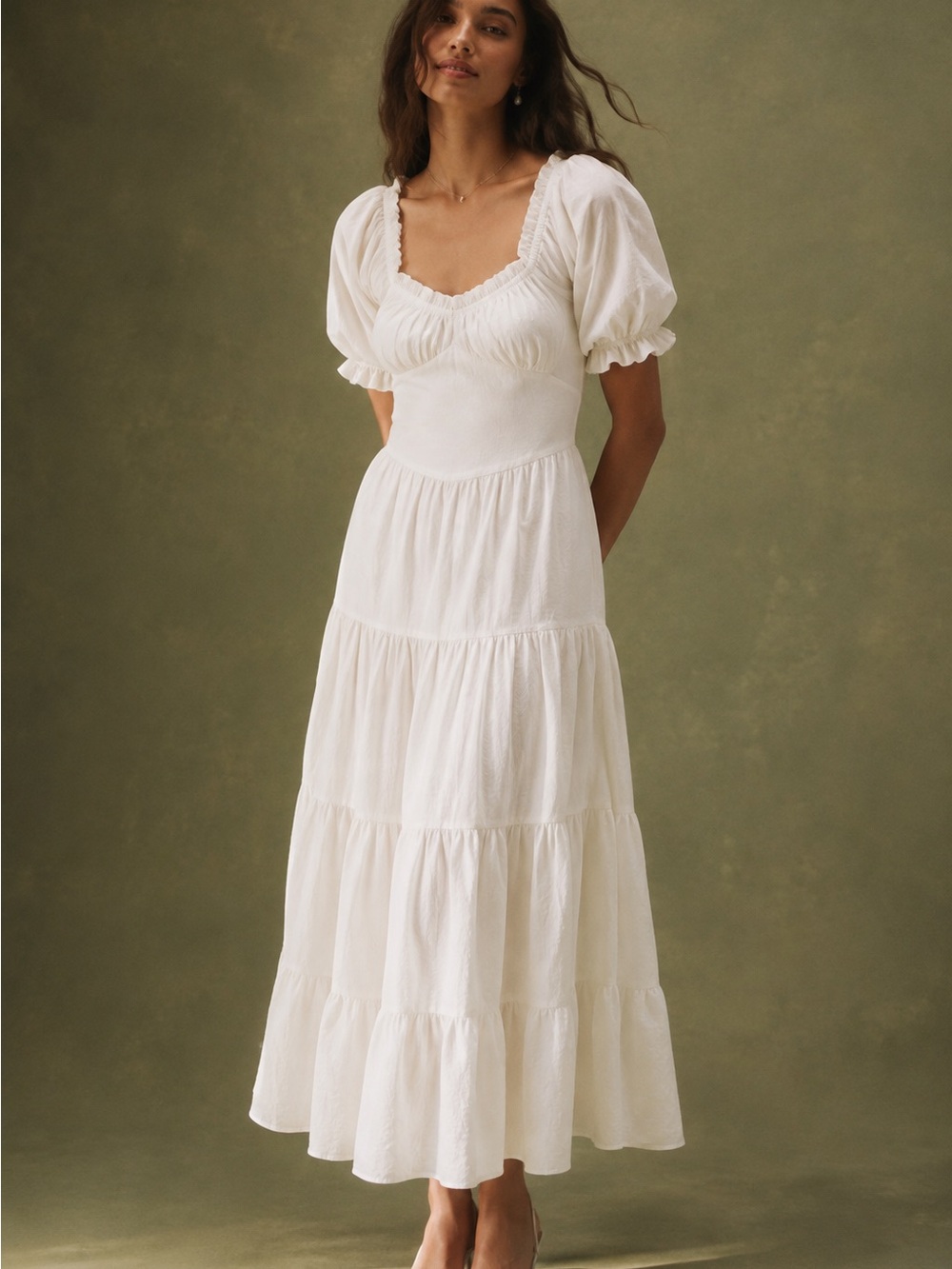 FARM Rio White Linen Puff Sleeve Open Back Tiered Midi Dress Older Label